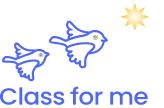 Logo Class for me: hai chú chim xanh nét mảnh đang bay cạnh một ngôi sao vàng, bên dưới là dòng chữ “Class for me” màu xanh đậm